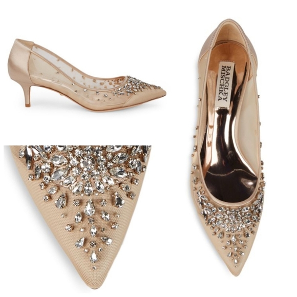 Badgley Mischka Onyx Crystal Studded Embellished Kitten Heel Pump Women 9 Gold - Picture 2 of 11